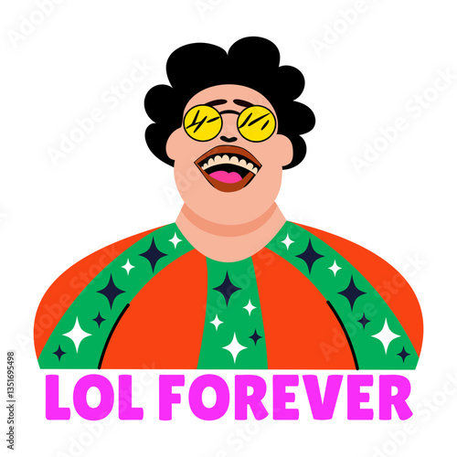 Flat style sticker of a laughing character with lol forever typography 