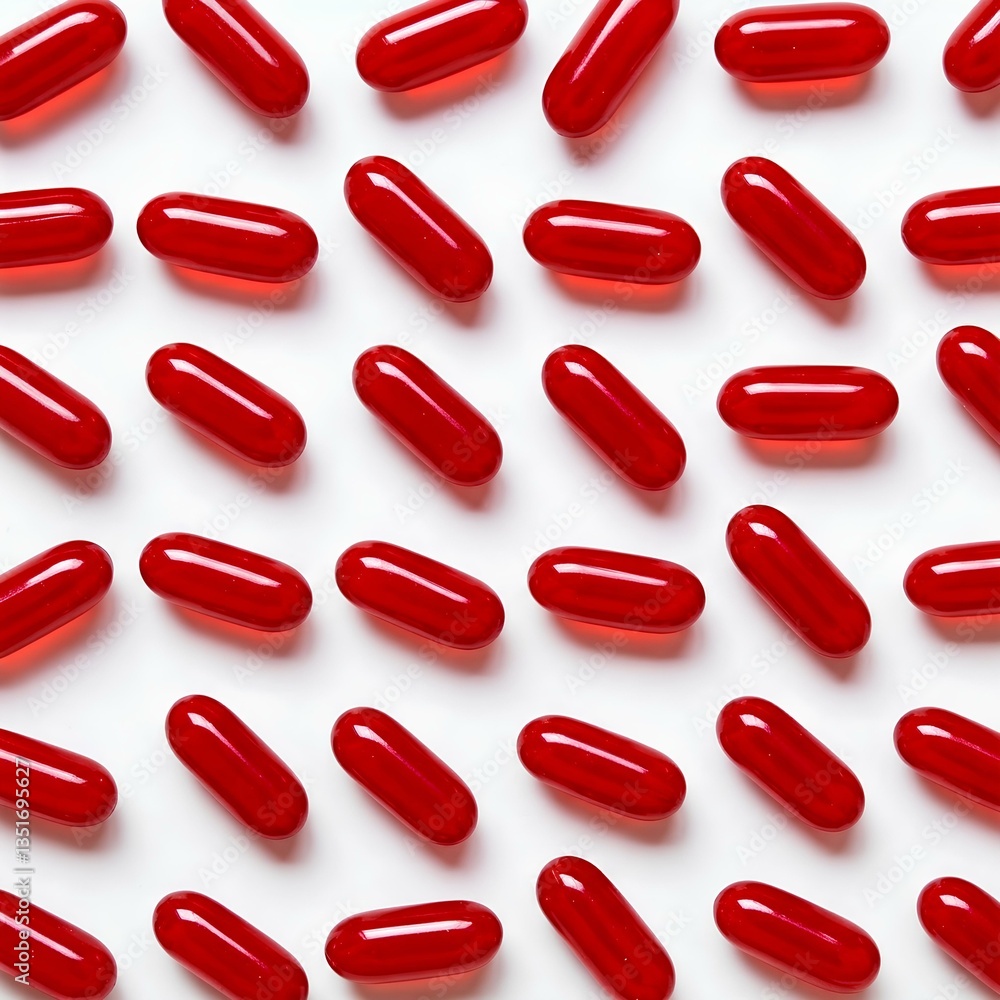 Red Softgel Capsules Pattern on White Background Red Softgel Capsules Pattern on White Background
