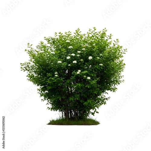 Blooming spiraea bush with lush green foliage on white background