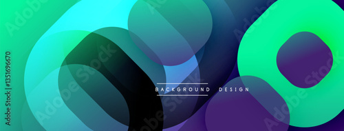Circular abstract design with overlapping translucent circles and round shapes, blending gradients and smooth curves, creating depth, contrast, and a dynamic visual effect