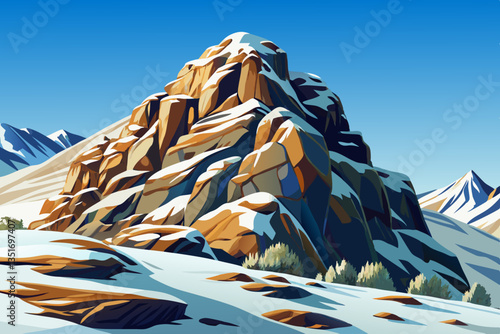 winter landscape with high snowy mountains with rocks and snow cartoon background
