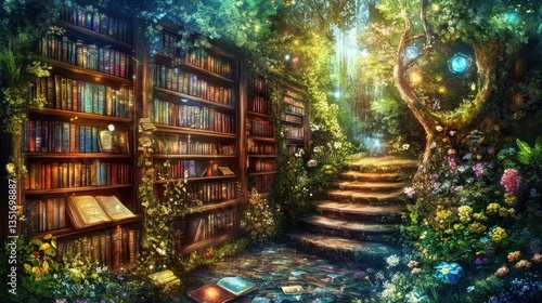 A magical library within a forest with books and a pathway