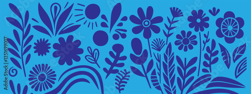 Botanical blue and Fuchsia Floral Pattern Design for Prints Posters and Placards.