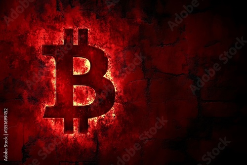 A glowing bitcoin symbol overlaid on a rough textured wall