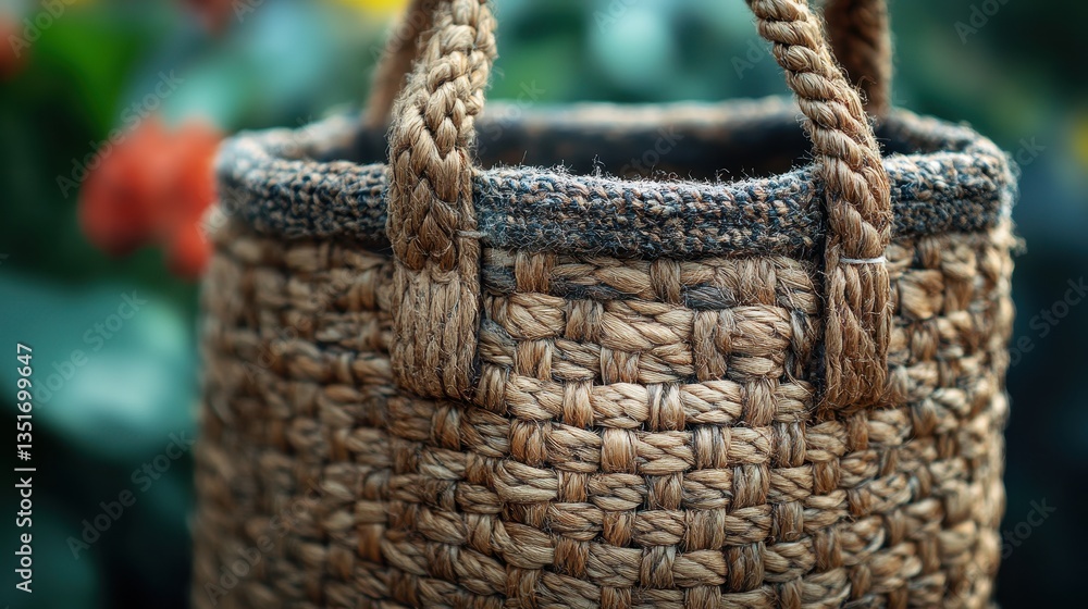 Obraz premium A close up view of a braided and woven basket with handles