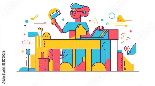 A person with glasses working at a colorful workstation
