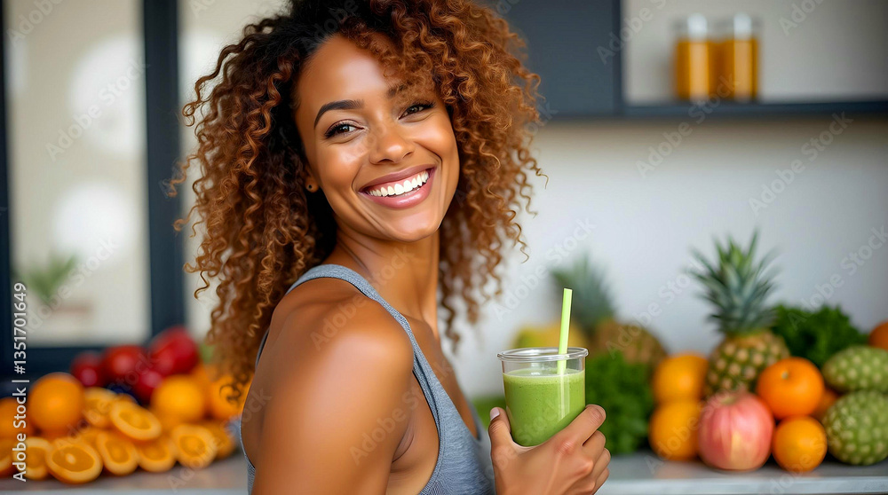 The woman mulatto with a wide smile holds a green smoothie in a home environment, creating a mood of health and joy. The concept of a healthy diet. The woman mulatto with a wide smile holds a green smoothie in a home environment, creating a mood of health and joy. The concept of a healthy diet.
