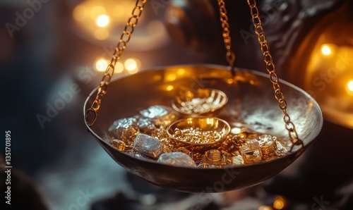 Gold and silver jewelry on golden scales