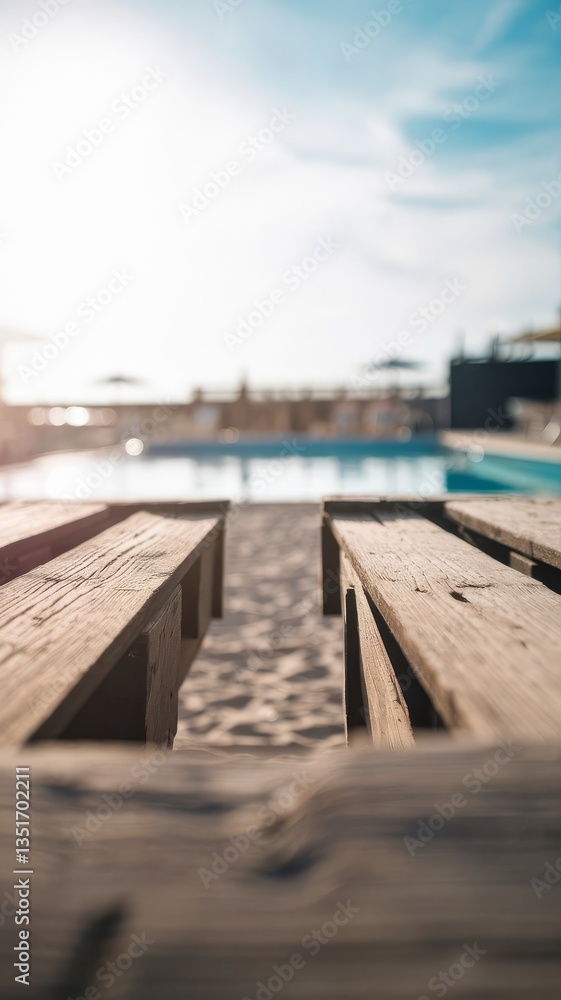 Obraz premium Wooden deck with blurred swimming pool background