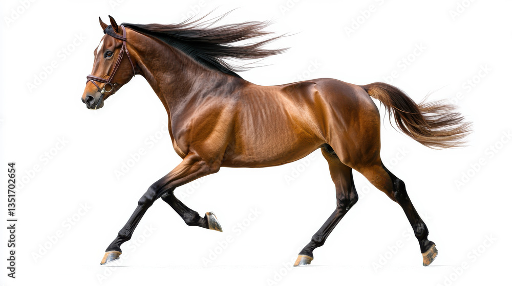 Fototapeta premium A powerful brown horse galloping gracefully on a white background, showcasing its beauty. isolated on white background.