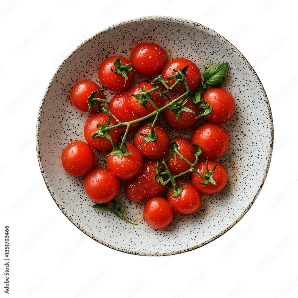 Overhead View of Vibrant Cherry Tomatoes on a Speckled Plate Isolated on Transparent Background Showing Freshness and Healthy Vegan Ingredients Perfect for Culinary Designs Overhead View of Vibrant Cherry Tomatoes on a Speckled Plate Isolated on Transparent Background Showing Freshness and Healthy Vegan Ingredients Perfect for Culinary Designs