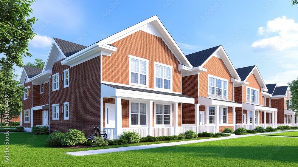 A modern residential building with brick architecture, featuring large windows and a lush green lawn under a bright blue sky. A modern residential building with brick architecture, featuring large windows and a lush green lawn under a bright blue sky.