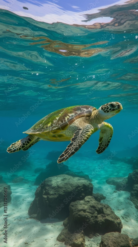 Naklejka premium Green sea turtle swimming underwater in clear blue ocean