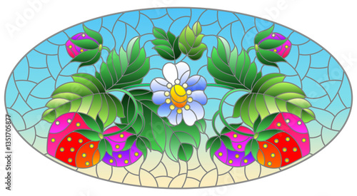 Illustration in stained glass style with berries and leaves of ripe strawberries on a blue background, oval image