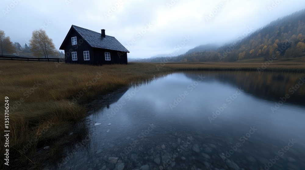 Fototapeta premium Tranquil cabin by a misty lake. A serene, dark wooden cabin sits beside a calm lake, reflecting the overcast sky. Golden autumn foliage surrounds the tranquil scene