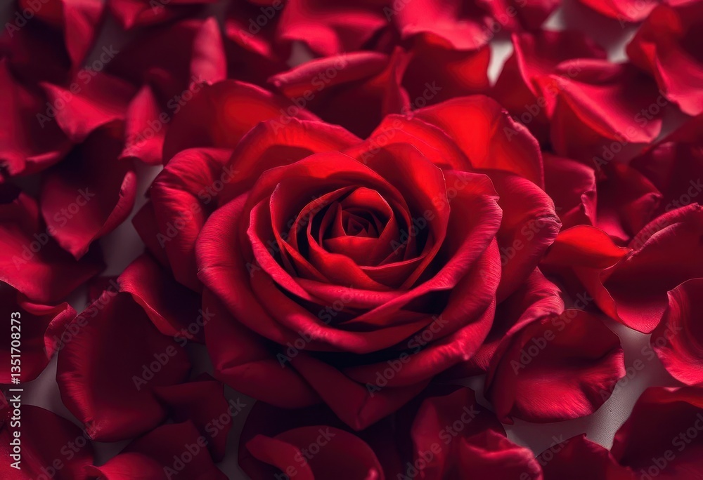 Naklejka premium A crimson heart formed from delicate rose petals, soft lighting, red rose, card