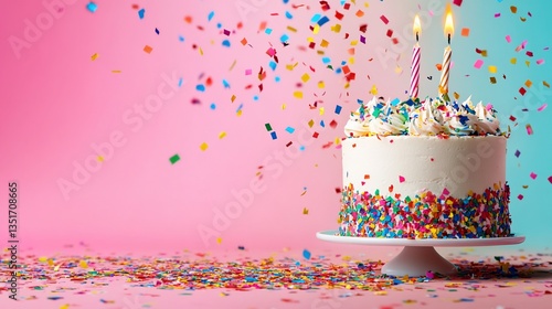 Festive birthday cake celebration with confetti on a colorful background