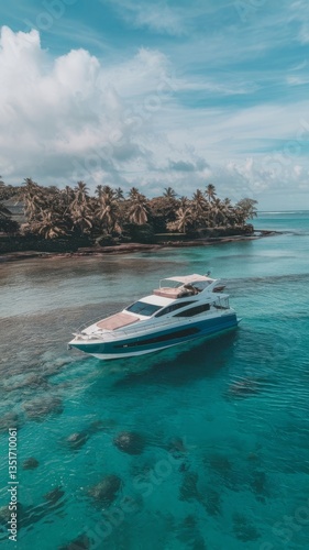 Fast boat at the sea in bali indonesia aerial view of luxury floating boat on transparent turquoise