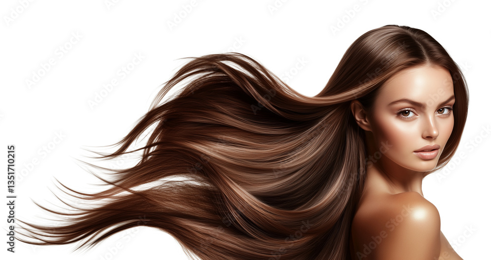 Obraz premium A beautiful woman with long brown flowing hair. Beauty and hair care concept. Isolated on a transparent or a white background, cut-out, PNG