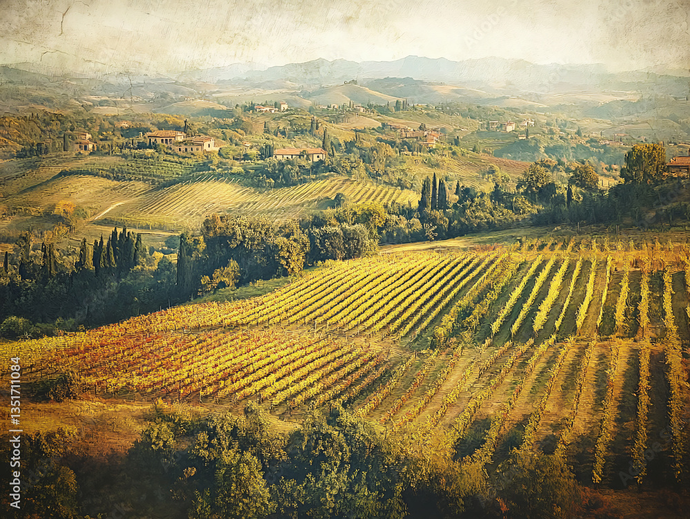 Naklejka premium Vineyard aerial view harvest landscape countryside rolling hill autumn tree rural farmland grape field winery estate golden valley painting sunlight nature agriculture scenic texture farming tradition