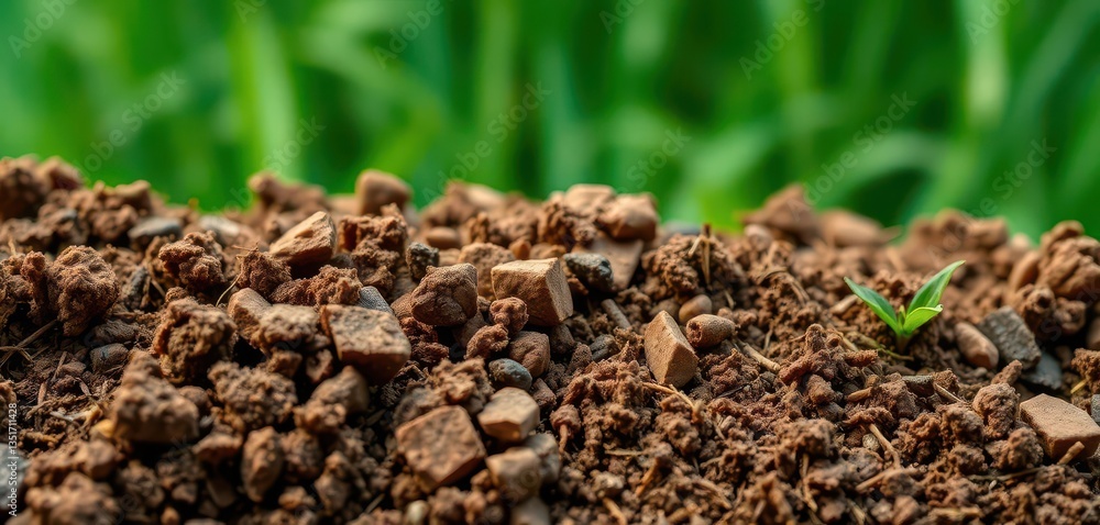 Close-up of diverse soil textures against a vibrant green backdrop, farm, planting