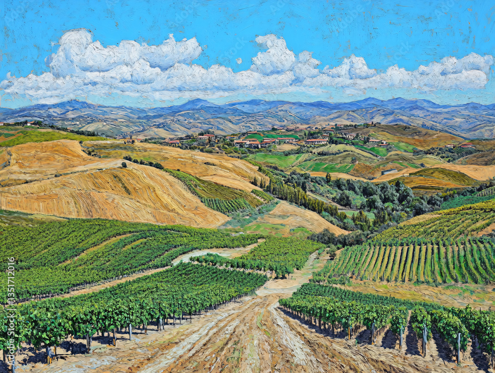 Fototapeta premium Vineyard aerial view harvest landscape countryside rolling hill autumn tree rural farmland grape field winery estate golden valley painting sunlight nature agriculture scenic texture farming tradition