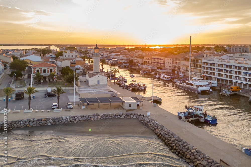 Aerial view of the Grau du Roi fishing village at sunrise in Camargue, France