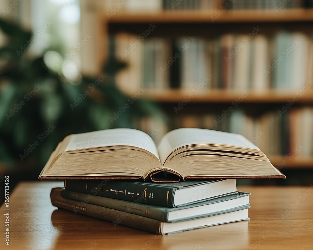 Open Book on Stack of Books with Blurred Bookshelf Background Open Book on Stack of Books with Blurred Bookshelf Background