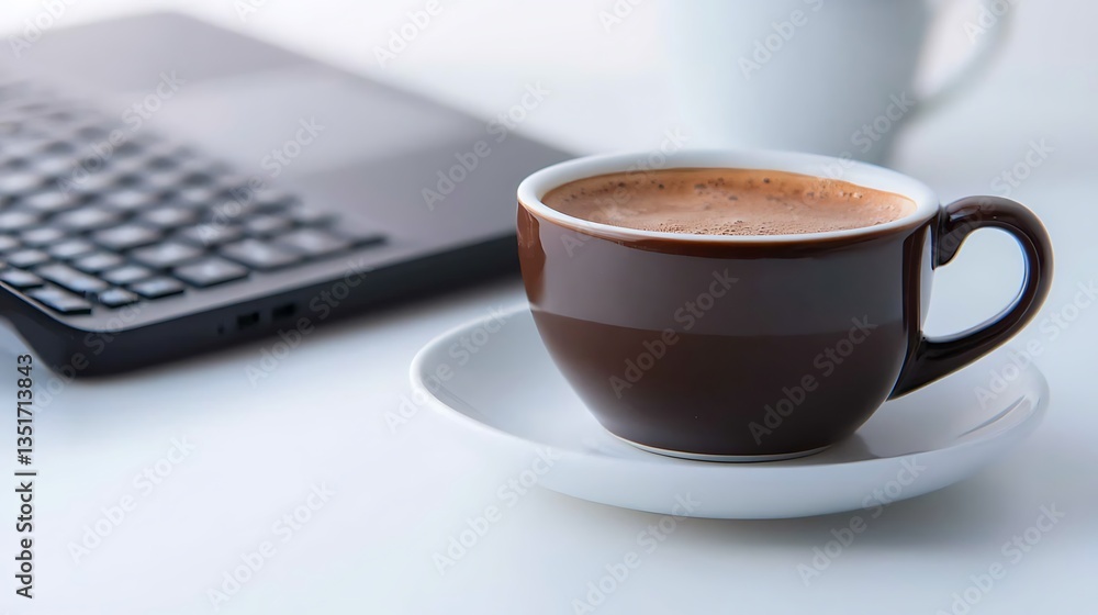 Espresso in brown cup sits on saucer beside laptop. Coffee break at work Espresso in brown cup sits on saucer beside laptop. Coffee break at work