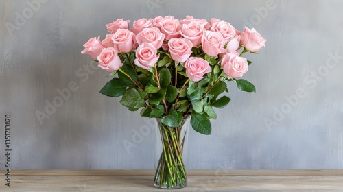Wallpaper Mural A vibrant bouquet of pink roses in a clear vase, displayed against a soft gray background, exuding beauty and elegance. Torontodigital.ca
