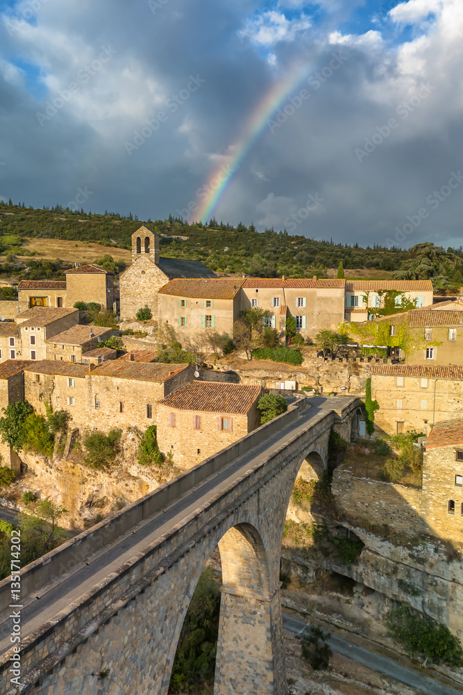 Aerial view of the medieval village of Minerve in the south of France