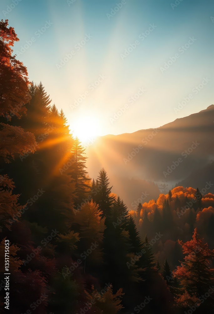 Naklejka premium Golden sunlight bathes autumnal forest, vibrant foliage, misty mountain panorama, vista, wilderness