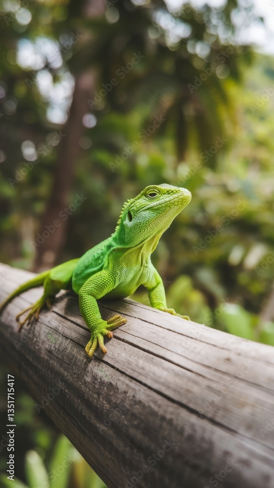 Green lizard on branch green lizard sunbathing on wood Green lizard on branch green lizard sunbathing on wood