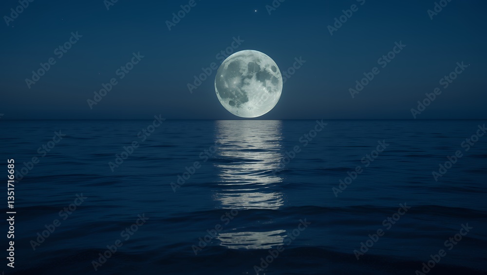 Full moon shines on tranquil water, reflecting brightly in the dark night Full moon shines on tranquil water, reflecting brightly in the dark night