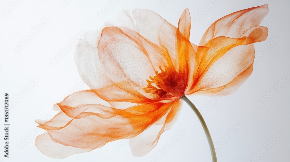 Fototapeta premium Abstract Orange Flower with Stem, Translucent Petals, Artistic Light, Minimalist Style