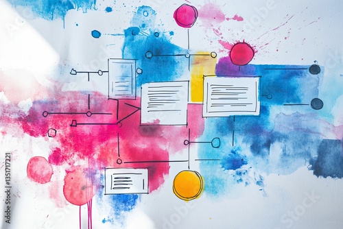 Abstract watercolor painting with flowchart design.