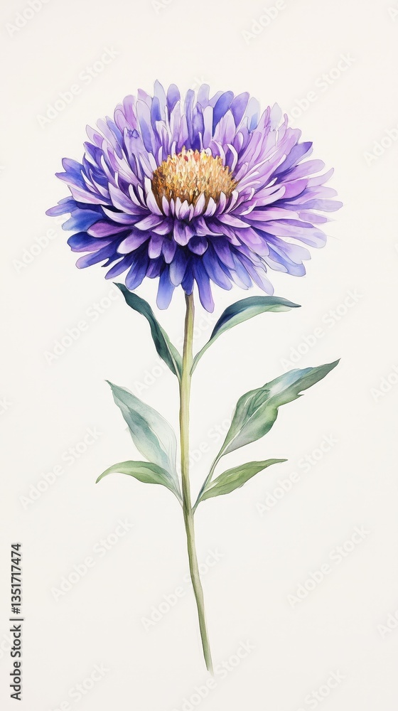 Watercolor rendering of a vibrant aster flower in full bloom, featuring delicate petals and a long stem, set against a clean, bright background. Watercolor rendering of a vibrant aster flower in full bloom, featuring delicate petals and a long stem, set against a clean, bright background.