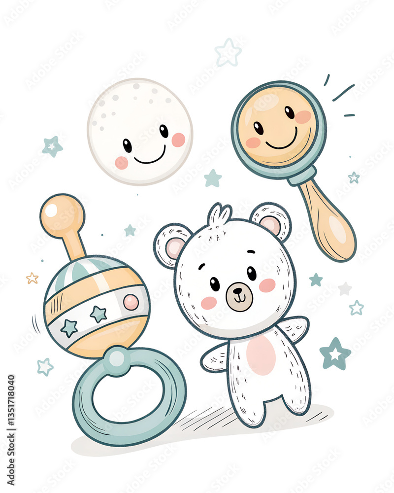 Fototapeta premium Cute teddy bear with toys on playful background on transparent background