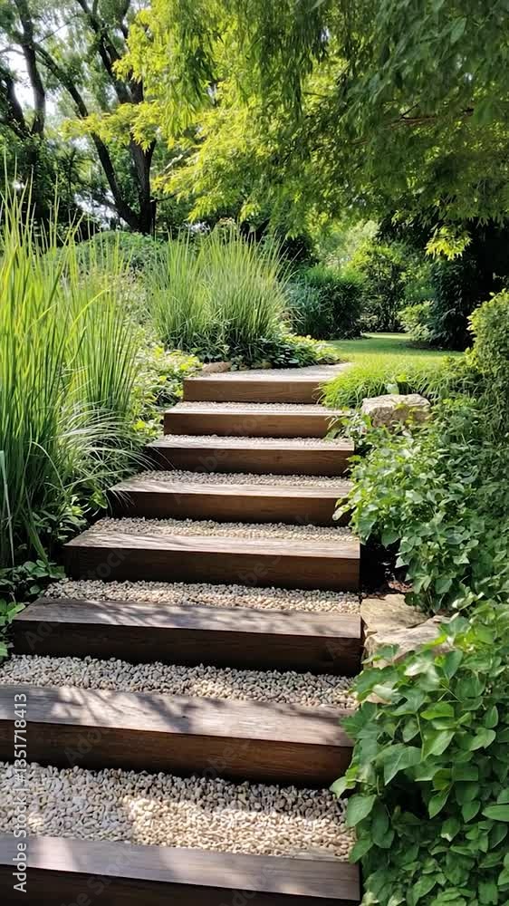 Serene garden pathway with wooden steps surrounded by lush greenery and vibrant plants