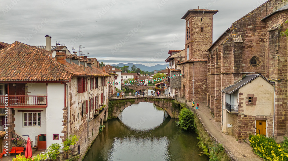 Aerial view of a picturesque Saint-Jean-Pied-de-Port town in France
