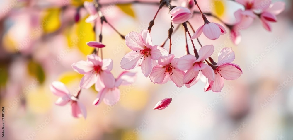 Fototapeta premium Soft pink sakura petals gently falling against a blurred background , cherry, pretty