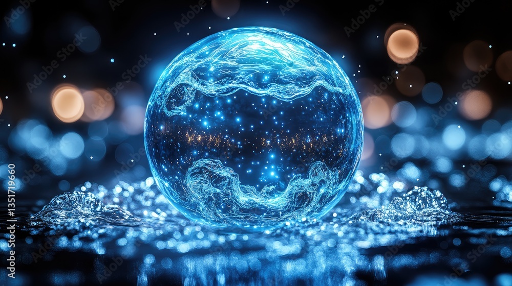 Glowing blue sphere, water splash, bokeh background, digital art Glowing blue sphere, water splash, bokeh background, digital art