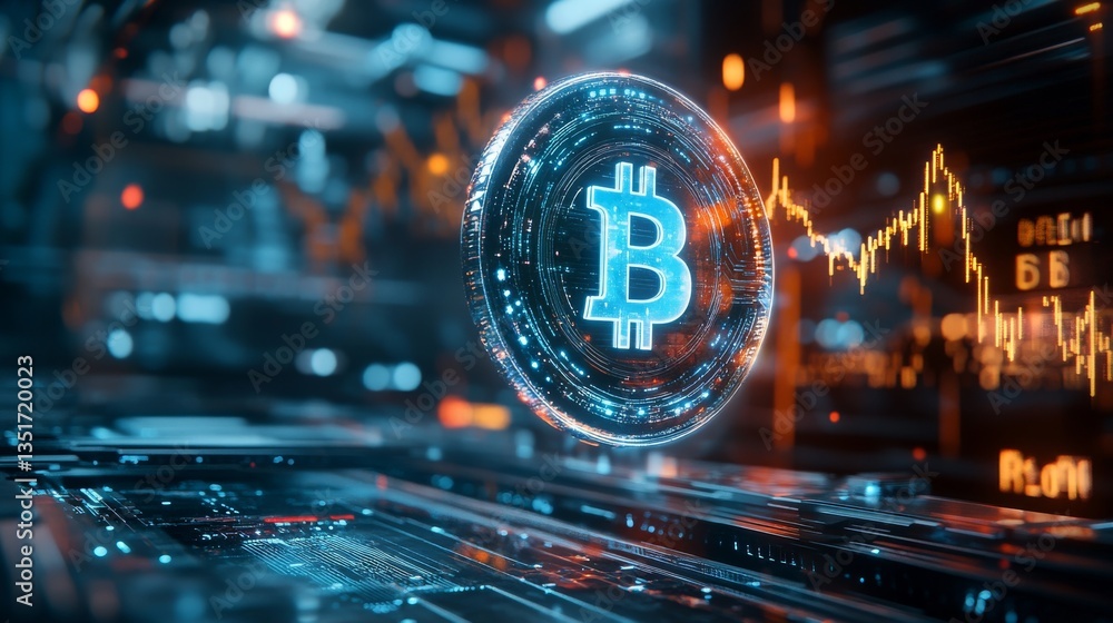 Obraz premium Futuristic Bitcoin Cryptocurrency Analysis Digital Market Infographic High-Tech Close-Up Financial Trends