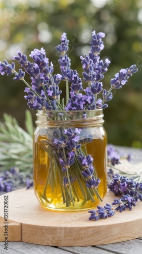 Jar with honey and fresh lavender flowers