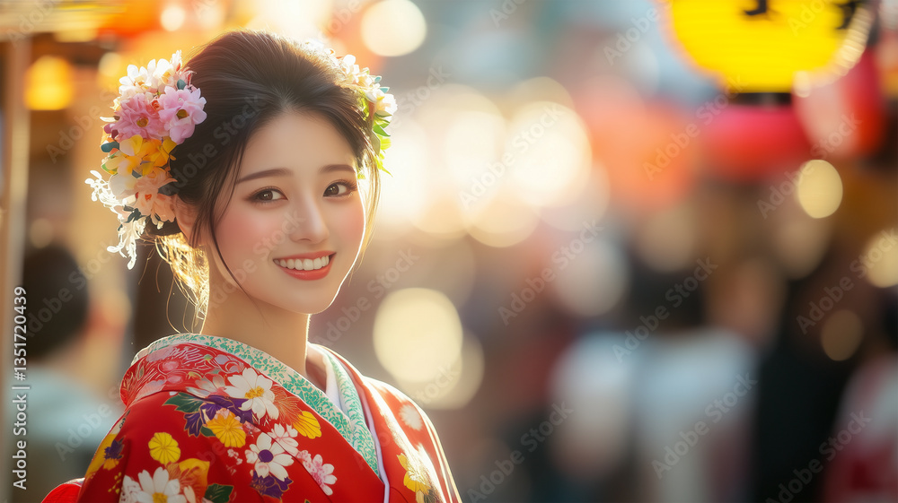 お祭りを楽しむ華やかな着物姿の日本人女性 お祭りを楽しむ華やかな着物姿の日本人女性