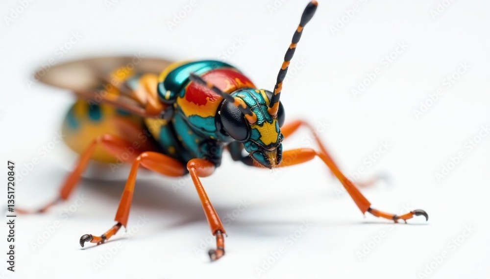 Close-up of colorful insect on white background, fly, grasshopper, macro photography Close-up of colorful insect on white background, fly, grasshopper, macro photography