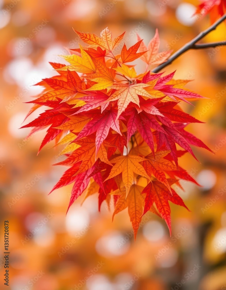 Vibrant red, orange, and yellow maple leaves cluster on a branch against a blurred background, park, yellow Vibrant red, orange, and yellow maple leaves cluster on a branch against a blurred background, park, yellow