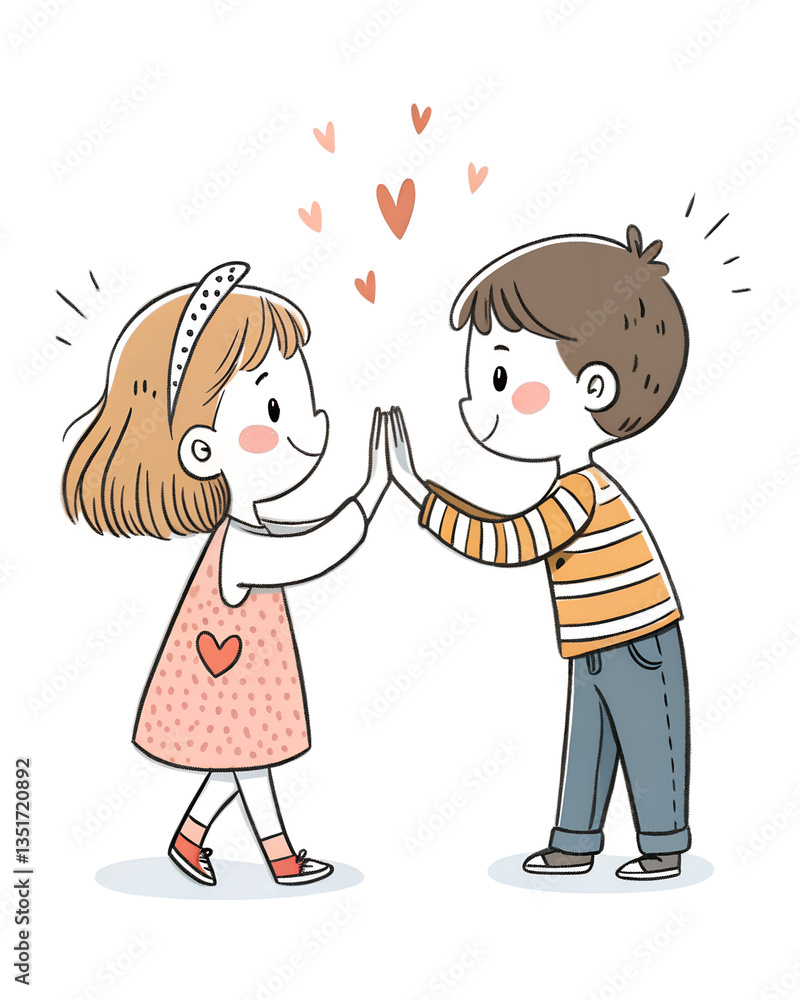 Two children smiling and touching hands with hearts in the background on transparent background Two children smiling and touching hands with hearts in the background on transparent background