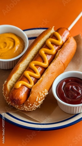 Delicious corn dog with orange background