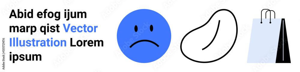 Fototapeta premium Sad blue face emotion, abstract bean shape, shopping bags and placeholder text in minimal vector design. Ideal for emotions, abstract art, shopping themes, branding concepts, modern infographics, web